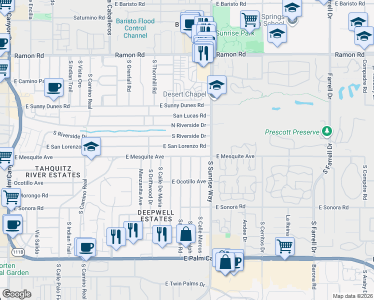 map of restaurants, bars, coffee shops, grocery stores, and more near 1008 Sagebrush Road in Palm Springs
