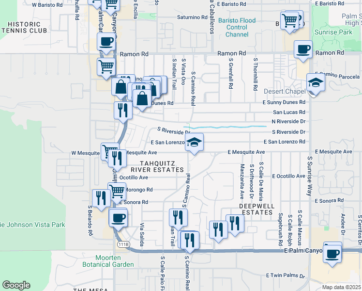 map of restaurants, bars, coffee shops, grocery stores, and more near 783 East Mesquite Avenue in Palm Springs