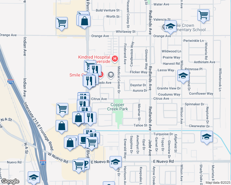 map of restaurants, bars, coffee shops, grocery stores, and more near 2002 Medical Center Drive in Perris
