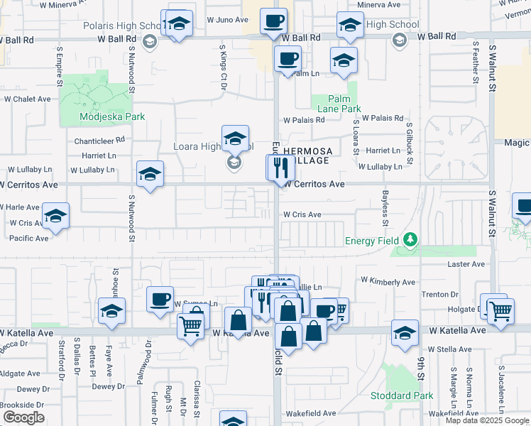 map of restaurants, bars, coffee shops, grocery stores, and more near 1709 West Cris Avenue in Anaheim