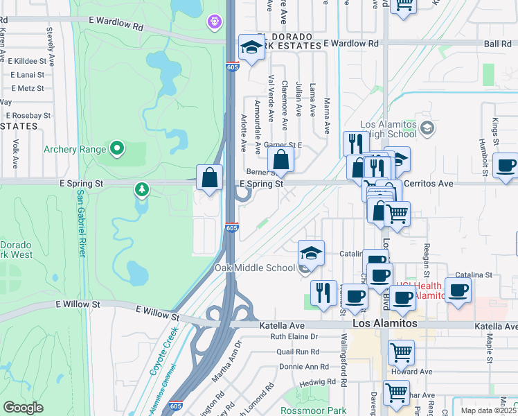 map of restaurants, bars, coffee shops, grocery stores, and more near 7890 East Spring Street in Long Beach