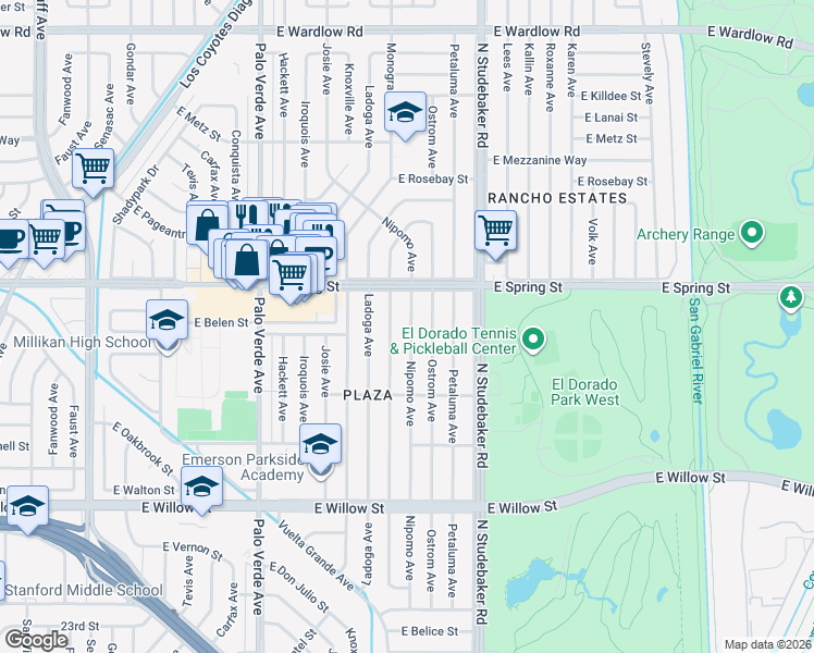 map of restaurants, bars, coffee shops, grocery stores, and more near 2856 Monogram Avenue in Long Beach