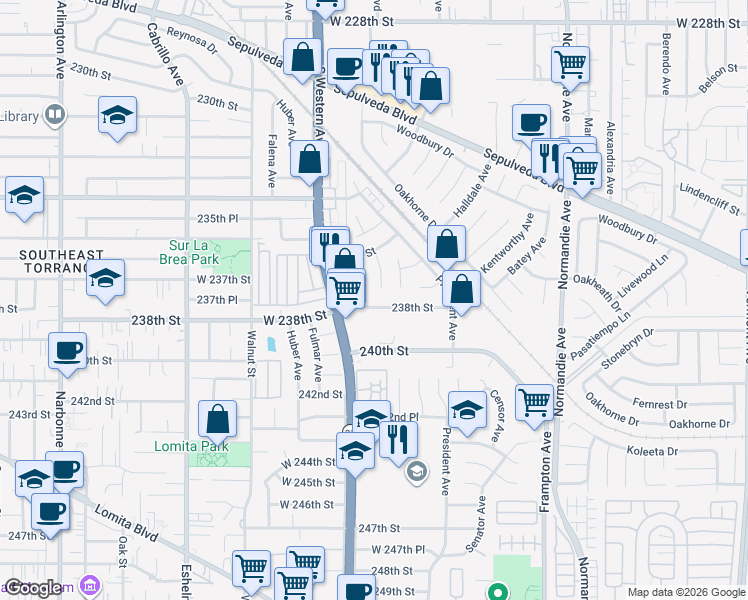 map of restaurants, bars, coffee shops, grocery stores, and more near 1580 238th Street in Los Angeles