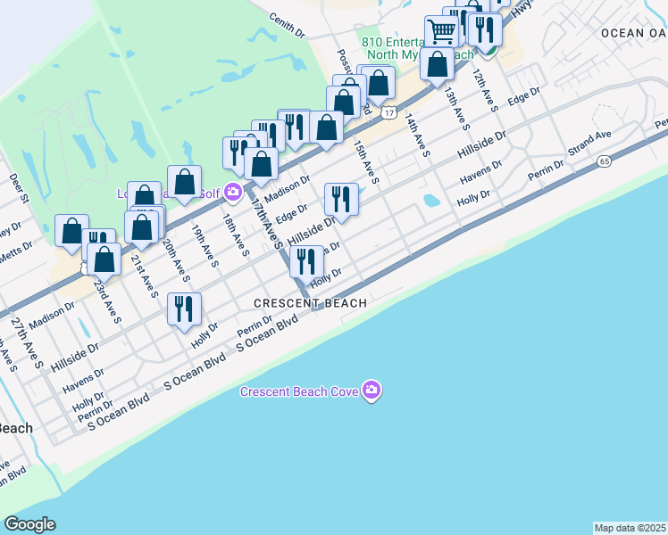 map of restaurants, bars, coffee shops, grocery stores, and more near 1606 South Ocean Boulevard in North Myrtle Beach