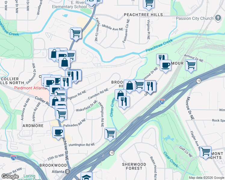 map of restaurants, bars, coffee shops, grocery stores, and more near 221 Camden Road Northeast in Atlanta