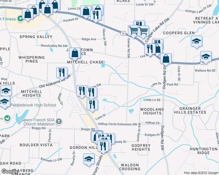 map of restaurants, bars, coffee shops, grocery stores, and more near 5988 Hendrix Lane in Mableton