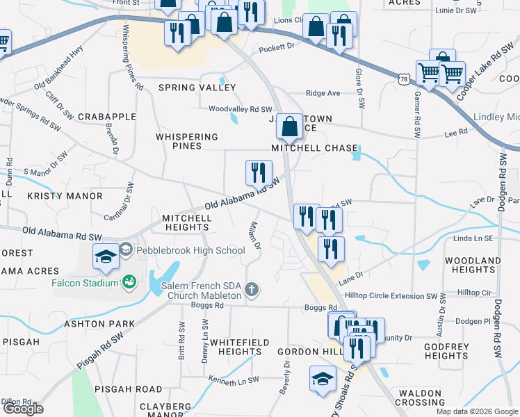 map of restaurants, bars, coffee shops, grocery stores, and more near 649 Old Powder Springs Road Southwest in Mableton