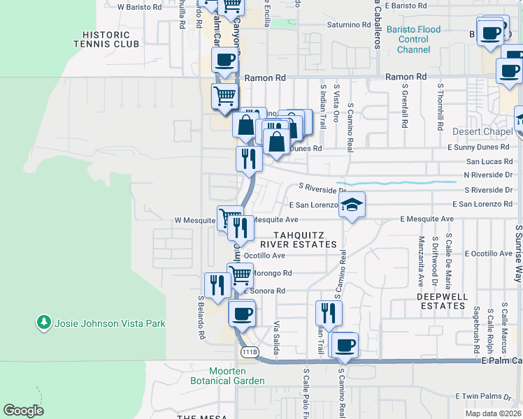 map of restaurants, bars, coffee shops, grocery stores, and more near 234 Mayfair Way in Palm Springs