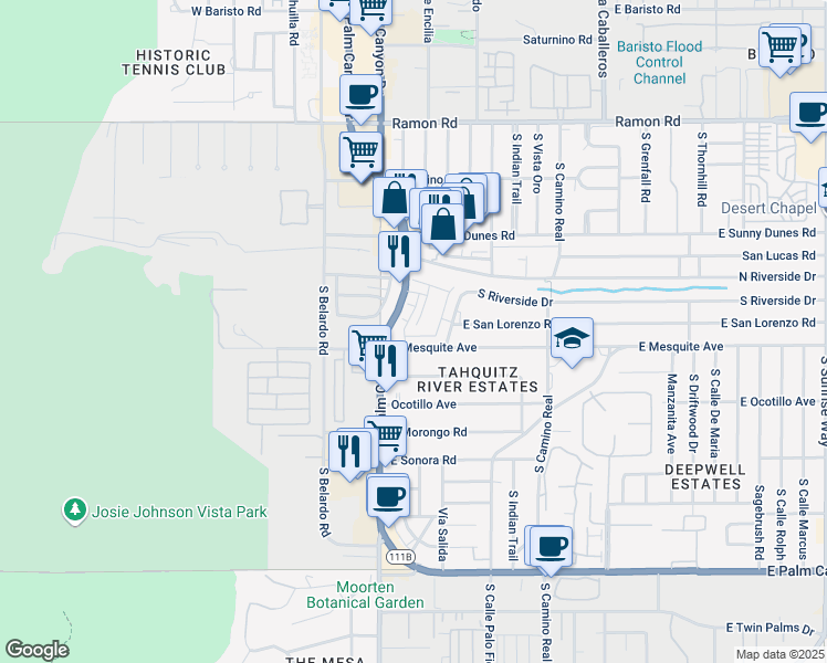 map of restaurants, bars, coffee shops, grocery stores, and more near 400 East Mesquite Avenue in Palm Springs