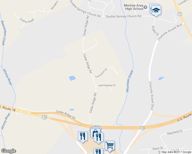 map of restaurants, bars, coffee shops, grocery stores, and more near 3007 Tennyson Drive in Monroe