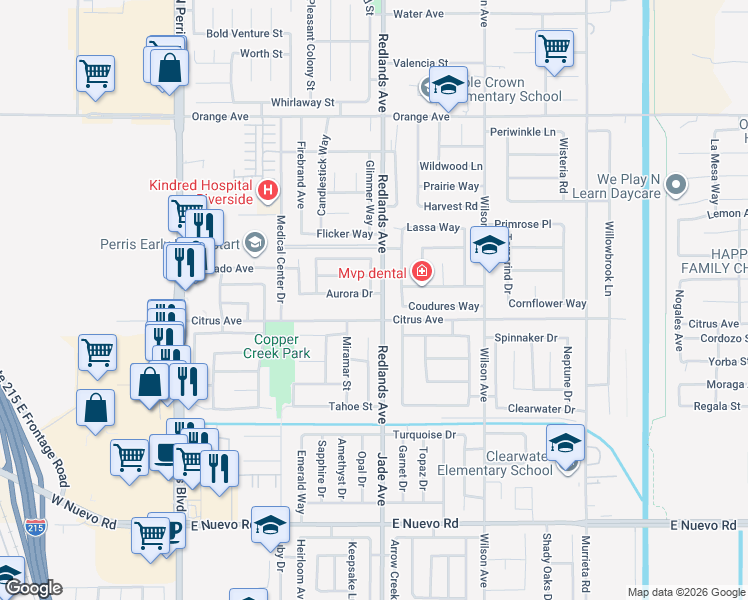 map of restaurants, bars, coffee shops, grocery stores, and more near 383 Aurora Drive in Perris