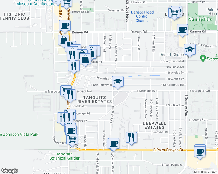 map of restaurants, bars, coffee shops, grocery stores, and more near 777 San Lorenzo Road in Palm Springs