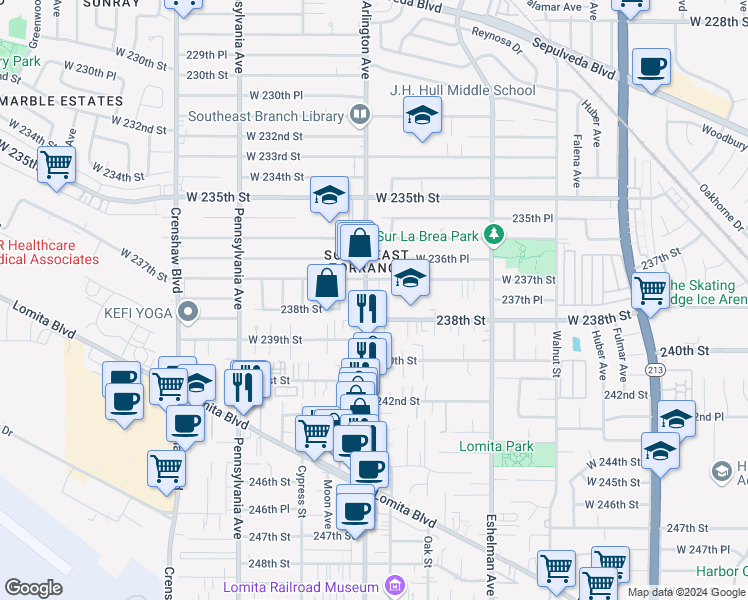 map of restaurants, bars, coffee shops, grocery stores, and more near 23720 Arlington Avenue in Torrance