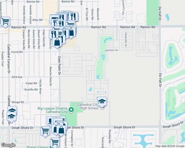 map of restaurants, bars, coffee shops, grocery stores, and more near Fig Drive in Cathedral City