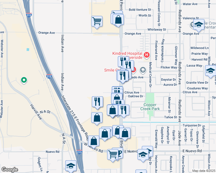 map of restaurants, bars, coffee shops, grocery stores, and more near 1981 North Perris Boulevard in Perris