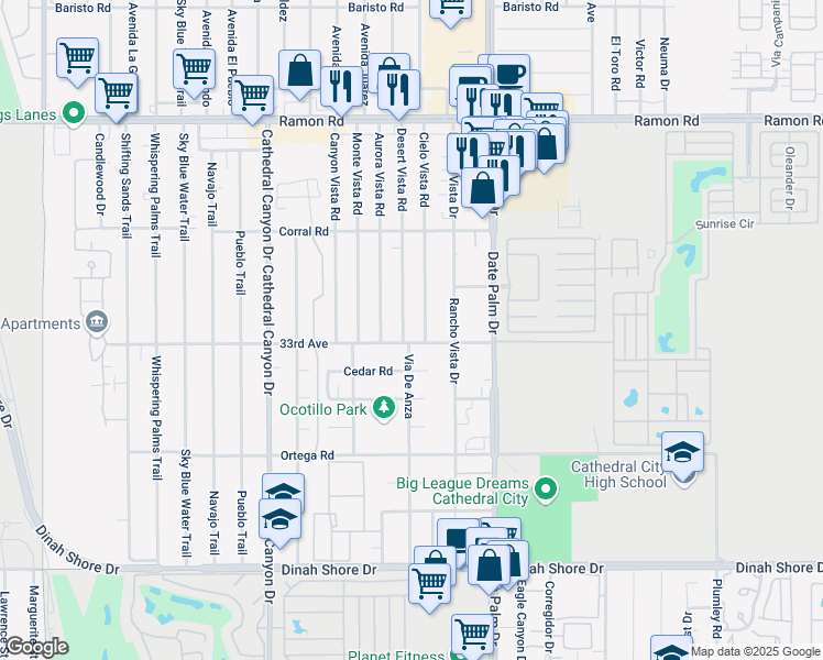 map of restaurants, bars, coffee shops, grocery stores, and more near 33015 Via De Anza in Cathedral City