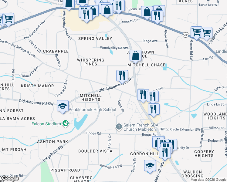 map of restaurants, bars, coffee shops, grocery stores, and more near 715 Old Powder Springs Road Southwest in Mableton