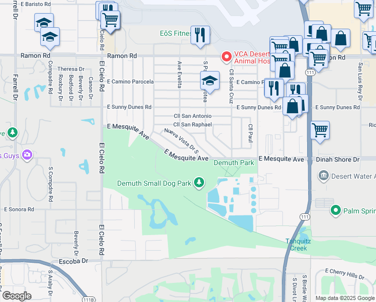 map of restaurants, bars, coffee shops, grocery stores, and more near 3901 East Mesquite Avenue in Palm Springs