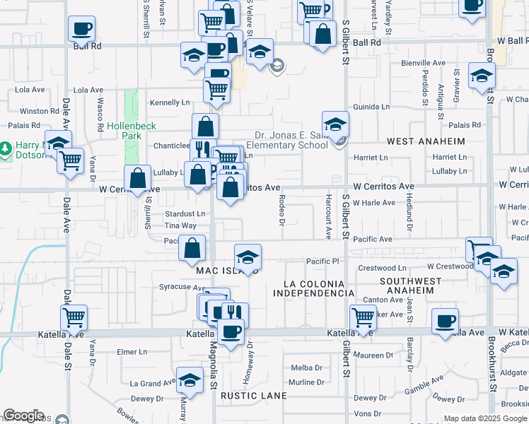 map of restaurants, bars, coffee shops, grocery stores, and more near 9166 Cerritos Avenue in Anaheim