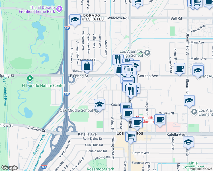 map of restaurants, bars, coffee shops, grocery stores, and more near 10628 Oak Street in Los Alamitos