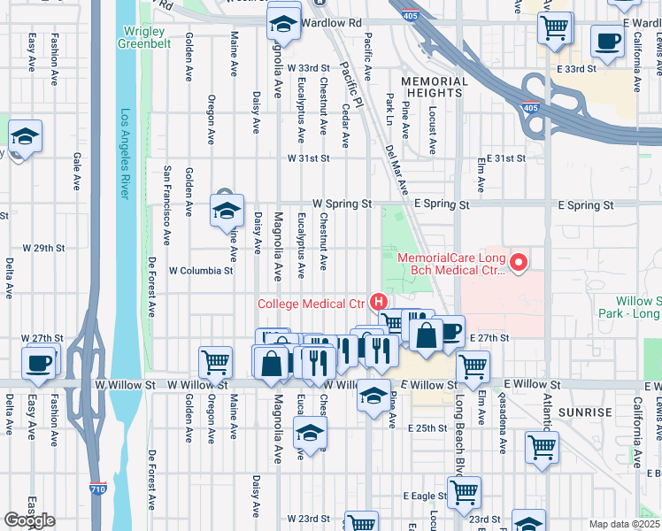 map of restaurants, bars, coffee shops, grocery stores, and more near 2860 Chestnut Avenue in Long Beach