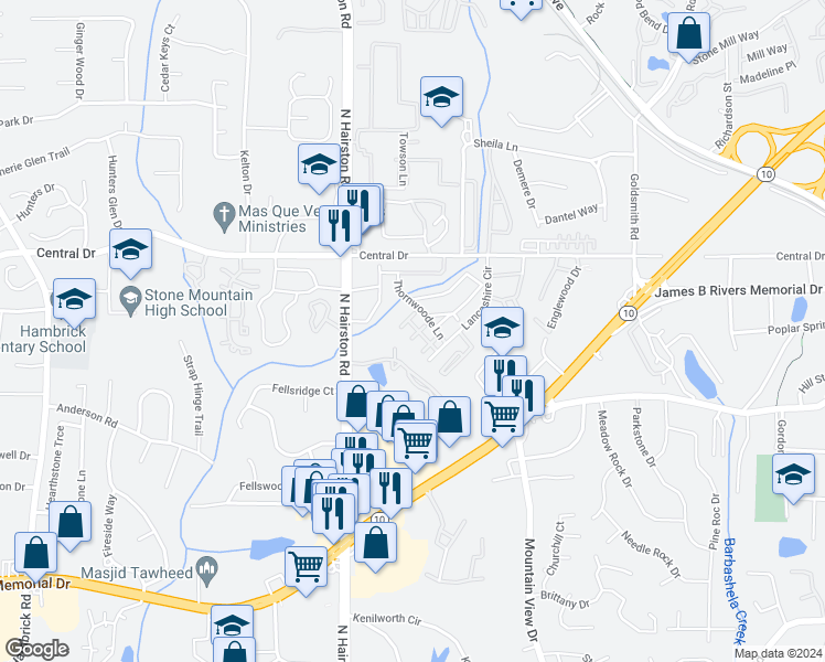 map of restaurants, bars, coffee shops, grocery stores, and more near 1022 Thorn Woode Lane in Stone Mountain