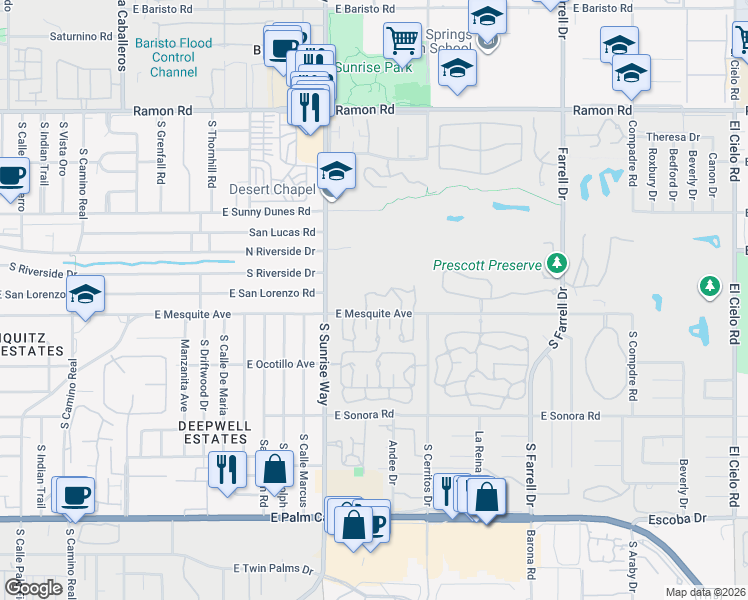 map of restaurants, bars, coffee shops, grocery stores, and more near 950 Saint George Circle in Palm Springs