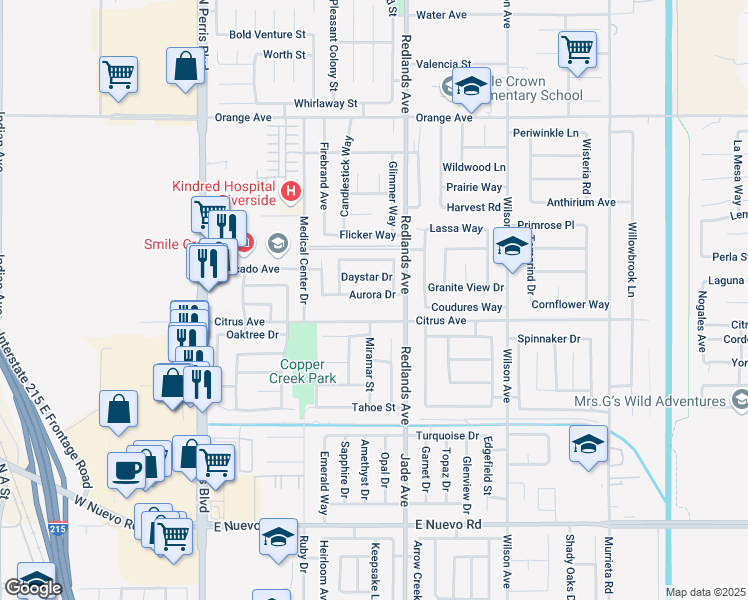map of restaurants, bars, coffee shops, grocery stores, and more near 341 Aurora Drive in Perris