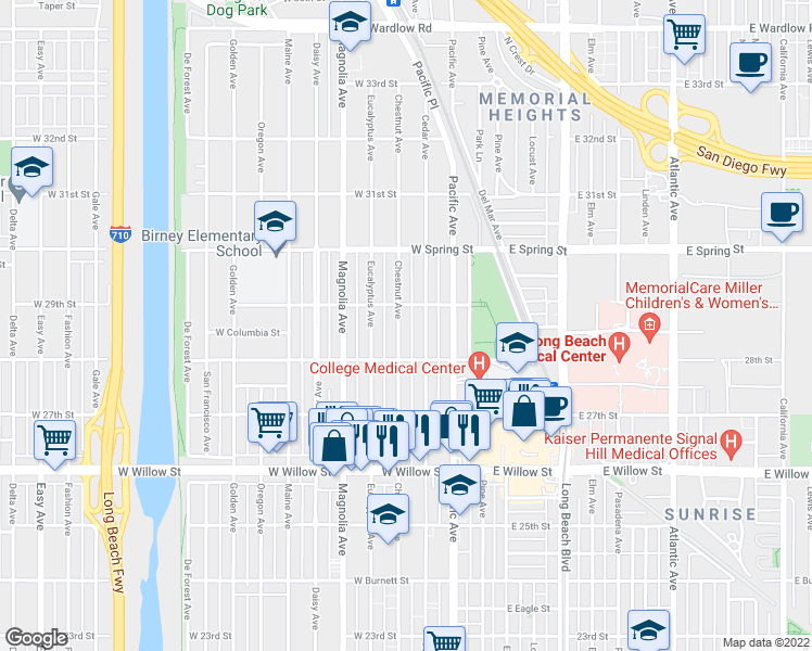 map of restaurants, bars, coffee shops, grocery stores, and more near 2860 Chestnut Avenue in Long Beach