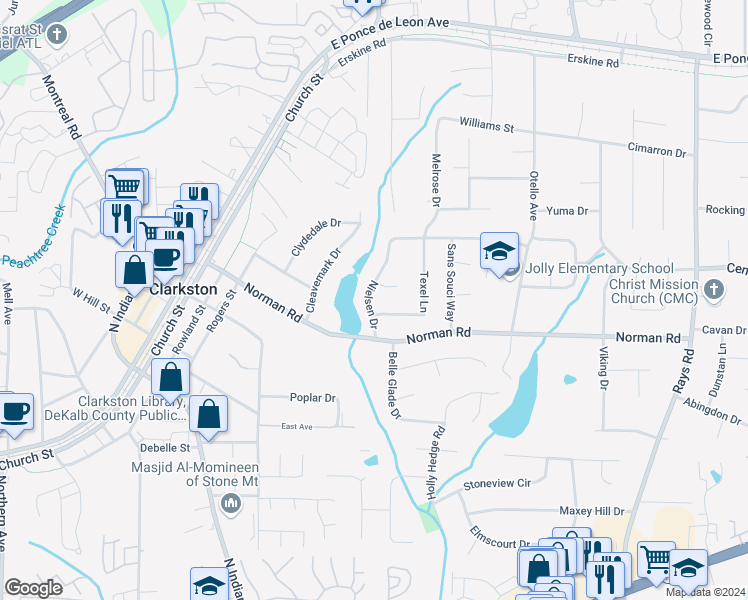 map of restaurants, bars, coffee shops, grocery stores, and more near 1029 Nielsen Drive in Clarkston