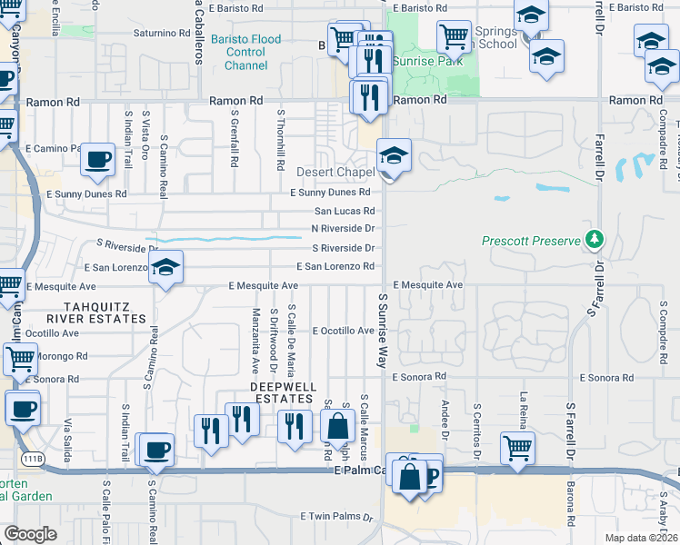 map of restaurants, bars, coffee shops, grocery stores, and more near 1008 Sagebrush Road in Palm Springs
