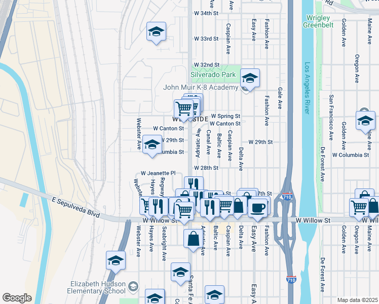 map of restaurants, bars, coffee shops, grocery stores, and more near Santa Fe Avenue & West Columbia Street in Long Beach