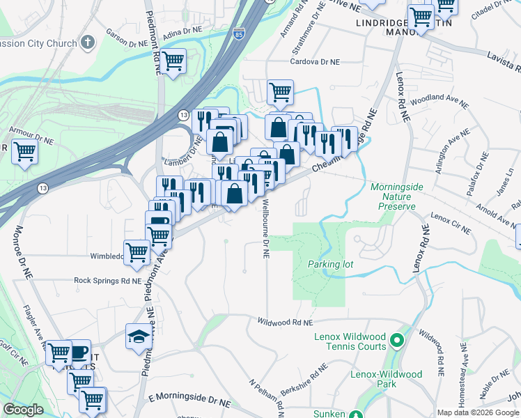 map of restaurants, bars, coffee shops, grocery stores, and more near 1990 Wellbourne Drive Northeast in Atlanta