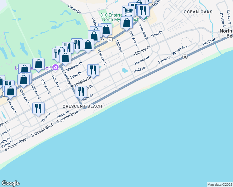 map of restaurants, bars, coffee shops, grocery stores, and more near 1507 South Ocean Boulevard in North Myrtle Beach