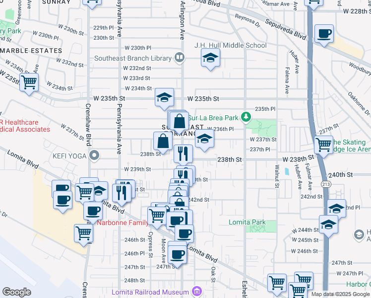 map of restaurants, bars, coffee shops, grocery stores, and more near 23720 Arlington Avenue in Torrance