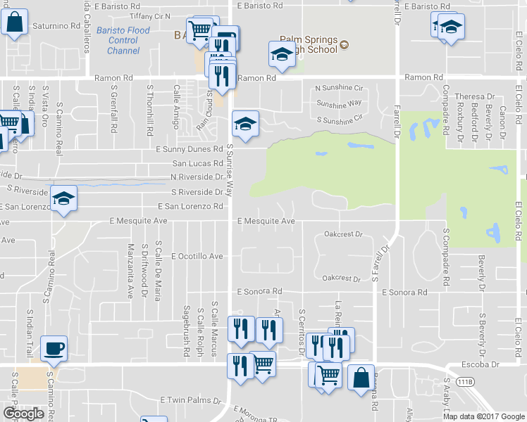 map of restaurants, bars, coffee shops, grocery stores, and more near 950 Saint George Circle in Palm Springs