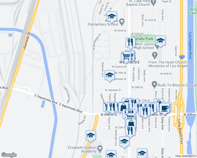 map of restaurants, bars, coffee shops, grocery stores, and more near 2125 W Columbia St in Long Beach