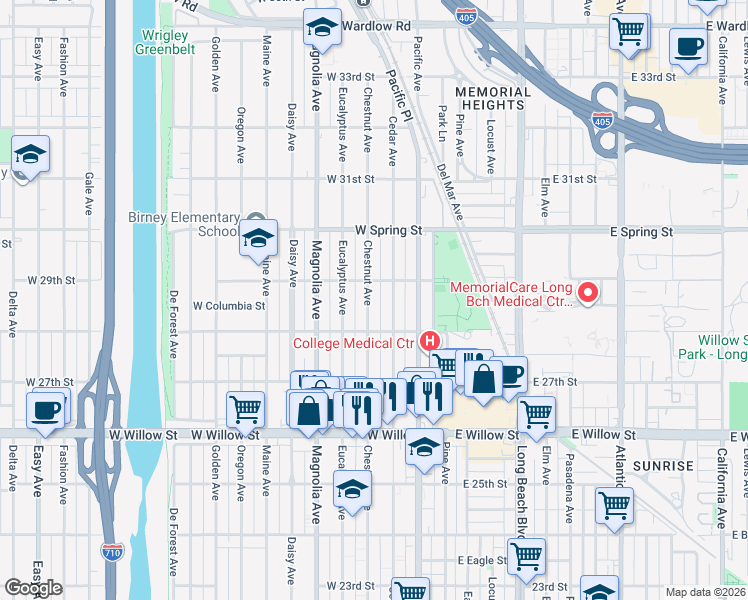 map of restaurants, bars, coffee shops, grocery stores, and more near 2860 Chestnut Avenue in Long Beach