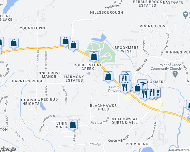 map of restaurants, bars, coffee shops, grocery stores, and more near 656 Cobblestone Creek Lane in Mableton
