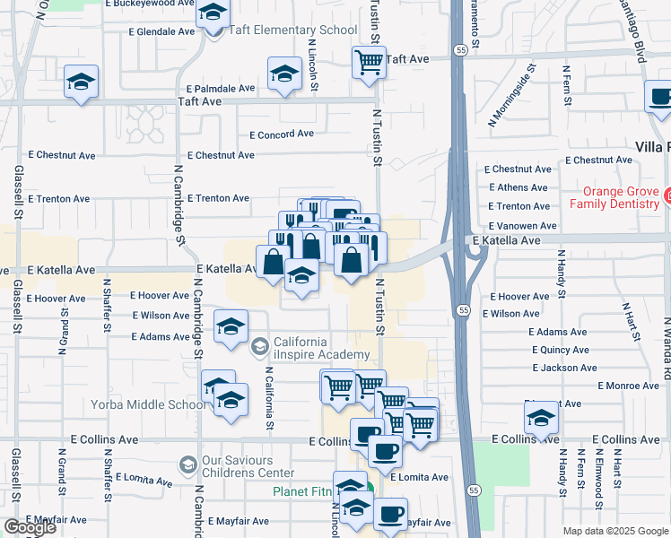 map of restaurants, bars, coffee shops, grocery stores, and more near 1500 East Katella Avenue in Orange