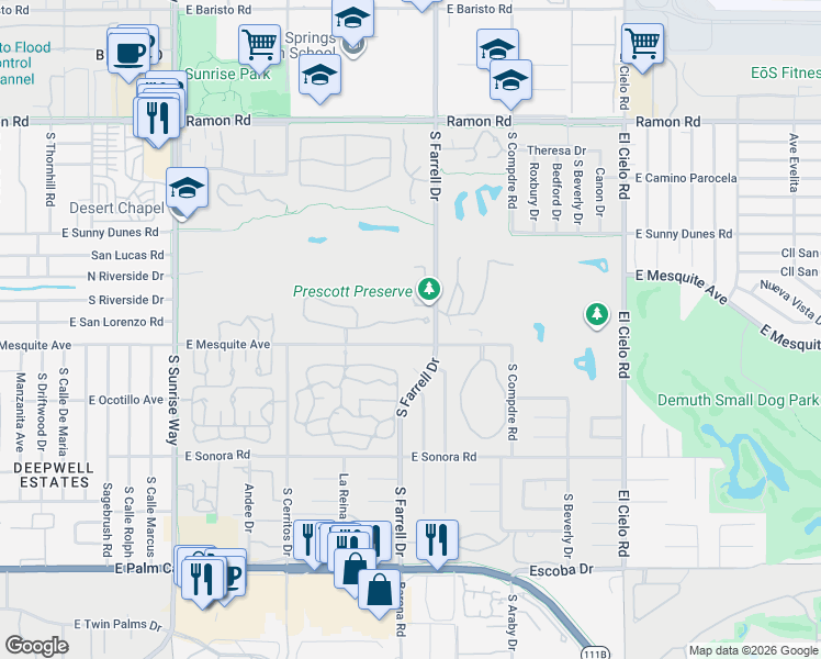 map of restaurants, bars, coffee shops, grocery stores, and more near 2427 Casitas Way in Palm Springs