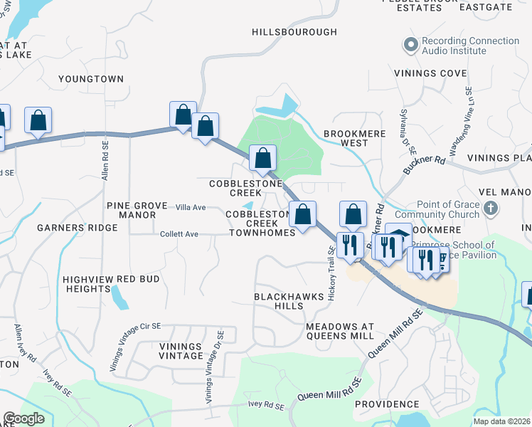 map of restaurants, bars, coffee shops, grocery stores, and more near 5651 Cobblestone Creek Place in Mableton