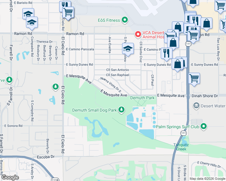 map of restaurants, bars, coffee shops, grocery stores, and more near 921 Arroyo Vista Drive in Palm Springs