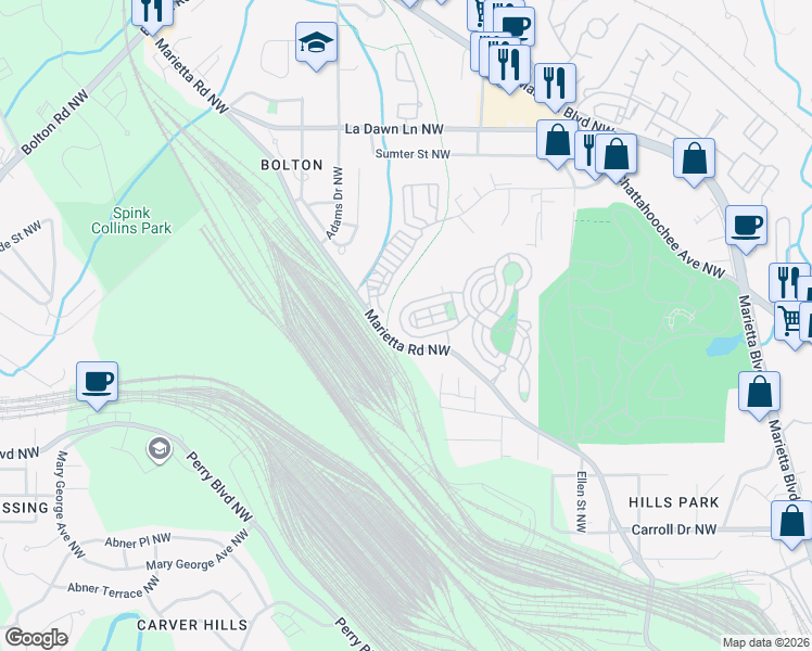 map of restaurants, bars, coffee shops, grocery stores, and more near 1364 Dupont Commons Circle Northwest in Atlanta