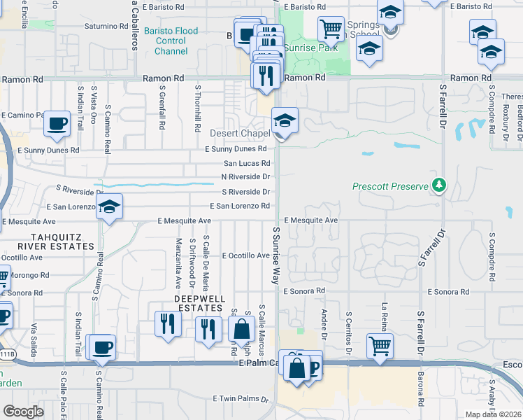 map of restaurants, bars, coffee shops, grocery stores, and more near 1000 South Cll Marcus in Palm Springs