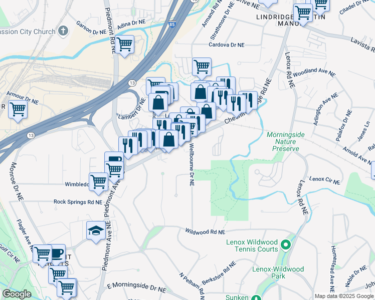 map of restaurants, bars, coffee shops, grocery stores, and more near 1990 Wellbourne Drive Northeast in Atlanta