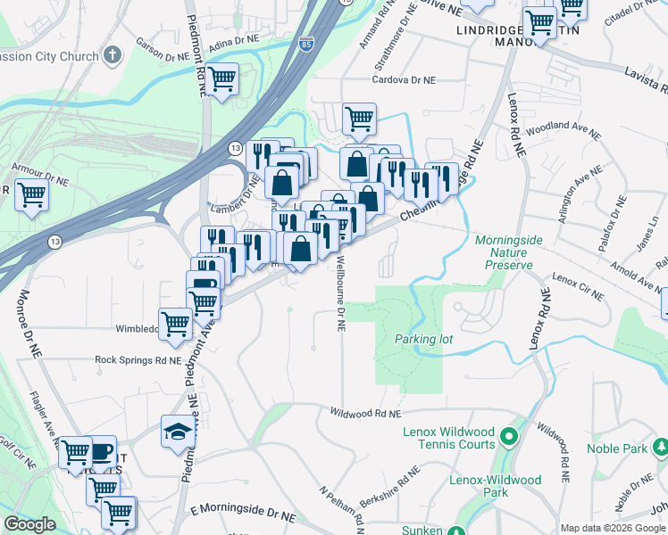 map of restaurants, bars, coffee shops, grocery stores, and more near 1969 Wellbourne Drive Northeast in Atlanta