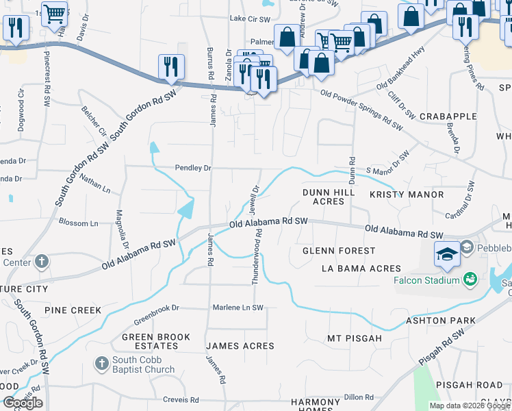 map of restaurants, bars, coffee shops, grocery stores, and more near 1416 Old Alabama Road Southwest in Mableton