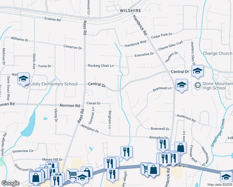 map of restaurants, bars, coffee shops, grocery stores, and more near 1182 Parkwood Trace in Stone Mountain
