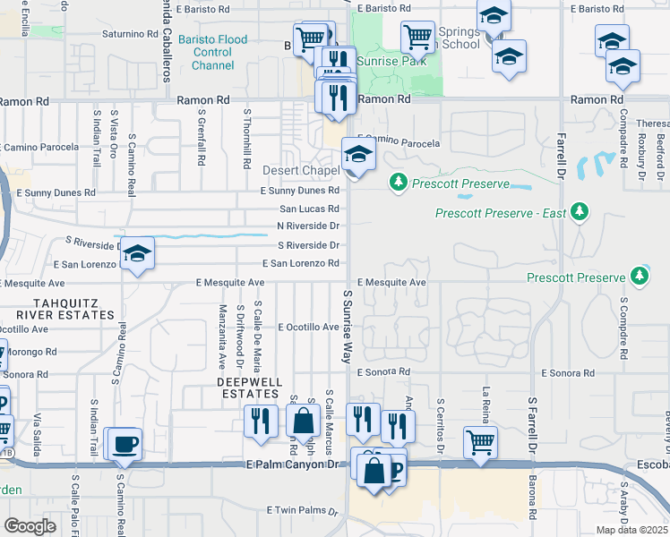 map of restaurants, bars, coffee shops, grocery stores, and more near 1651 East San Lorenzo Road in Palm Springs